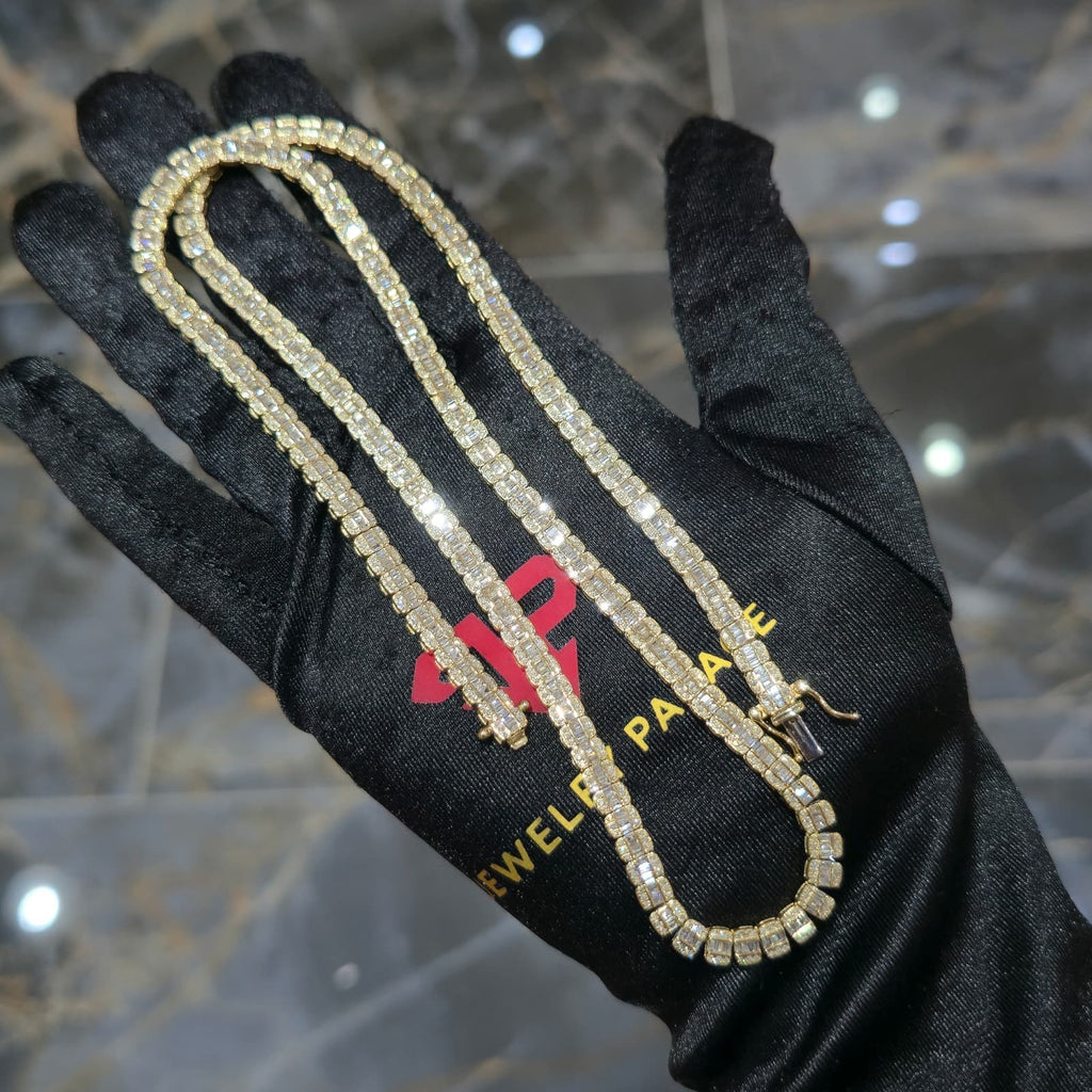 Real 10K Yellow Gold 6.03 CT Diamond Tennis Chain 22" Mens Baguette Necklace 4MM