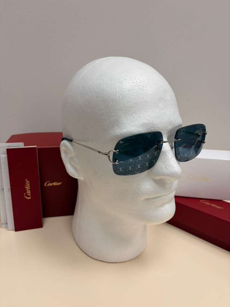 Cartier Big C Rimless Sunglasses Silver Frame Grey Lens Authentic w/ Box & Full