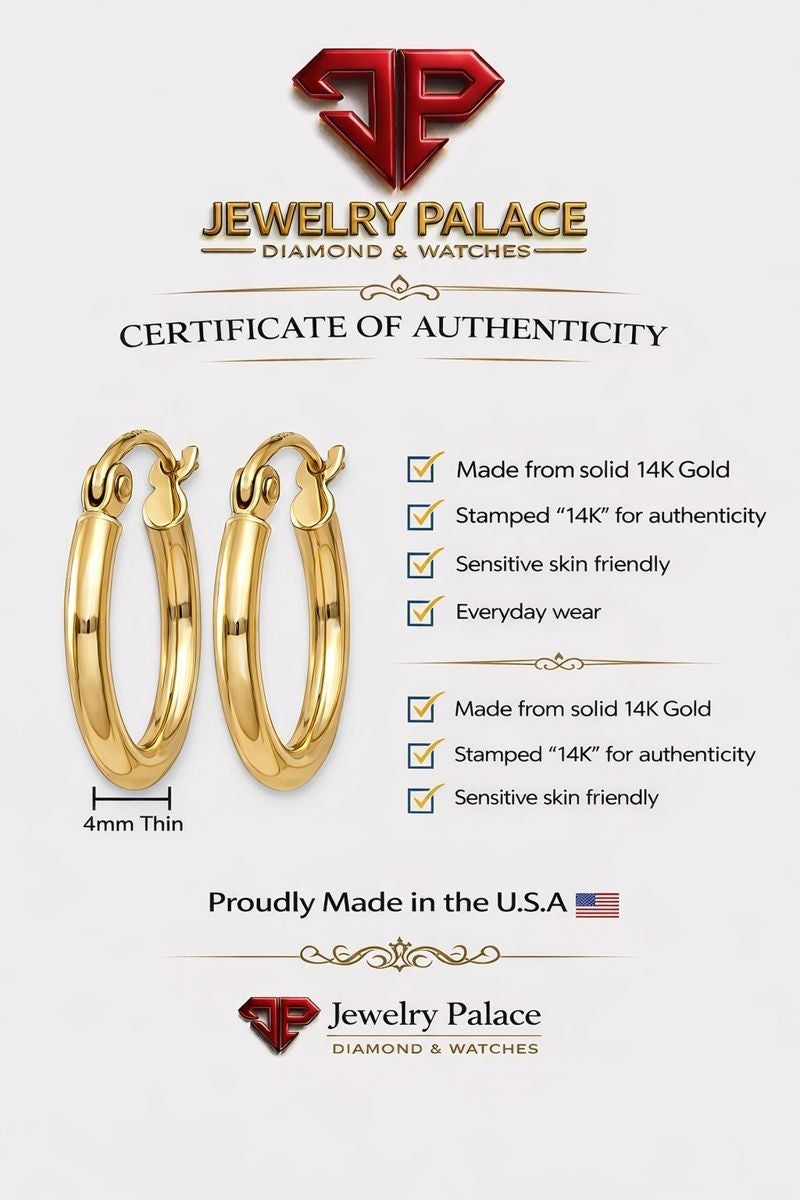 14K Yellow Gold Polished Tube Hoop Earrings 15mm Lightweight 2mm Thick