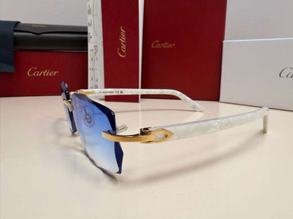 Cartier C Decor Rimless Sunglasses Customized Authentic Blue Lenses Full Set Box
