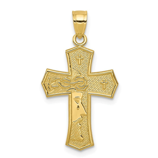 10k Yellow Gold Solid & Textured Reversible Passion Cross w/ Jesus Face Pendant