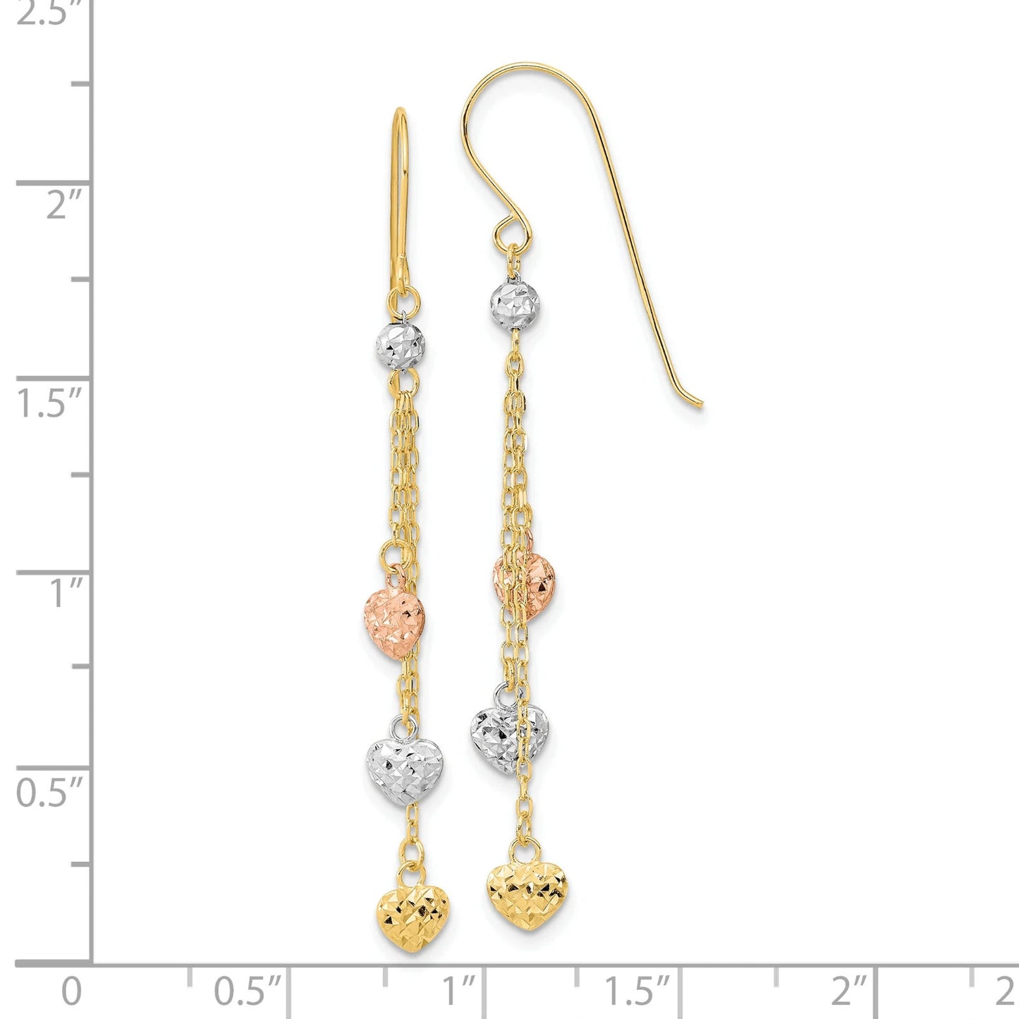 14k Tri-color D/C Triple Heart Dangle Shepherd Hook Earrings 1.24 g