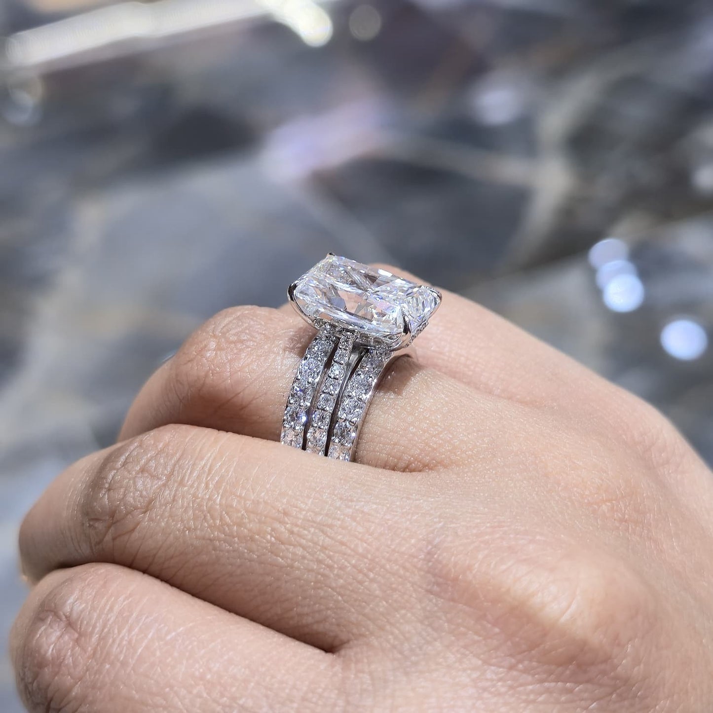 11.49CT Radiant Lab Grown Diamond Ring Set E VVS2 | 14K White Gold | Hidden Halo