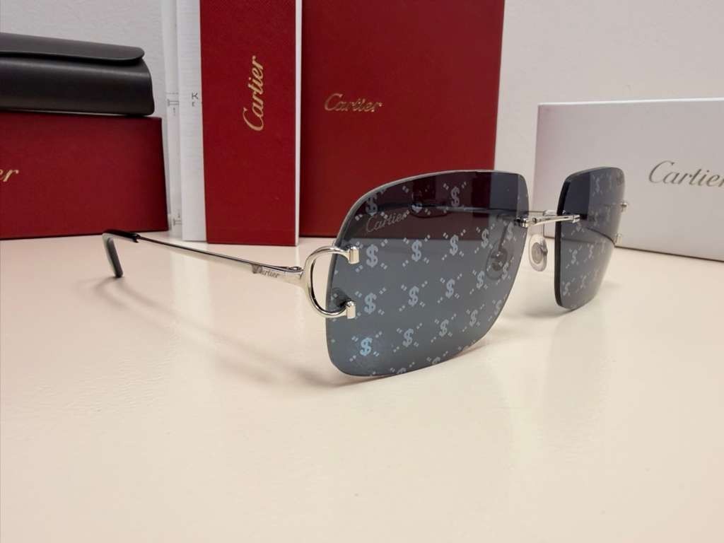 Cartier Big C Rimless Sunglasses Silver Frame Grey Lens Authentic w/ Box & Full
