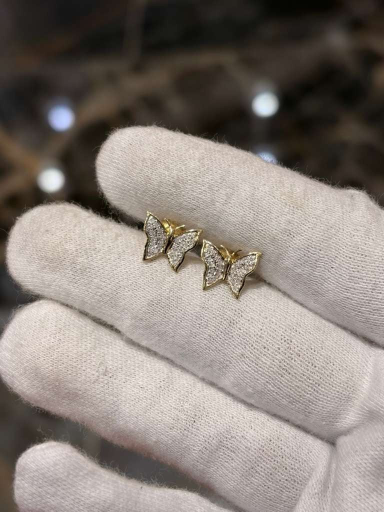 0.12CTW Natural Diamond 10K Gold Yellow White Butterfly Stud Earrings 9mm