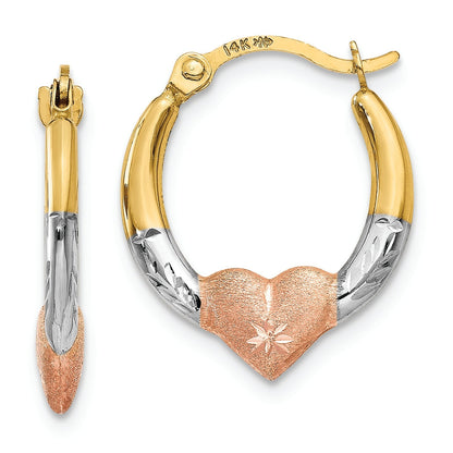 14K Tri-Color Gold Heart Diamond-Cut Round Small Hoops Earrings 13mm