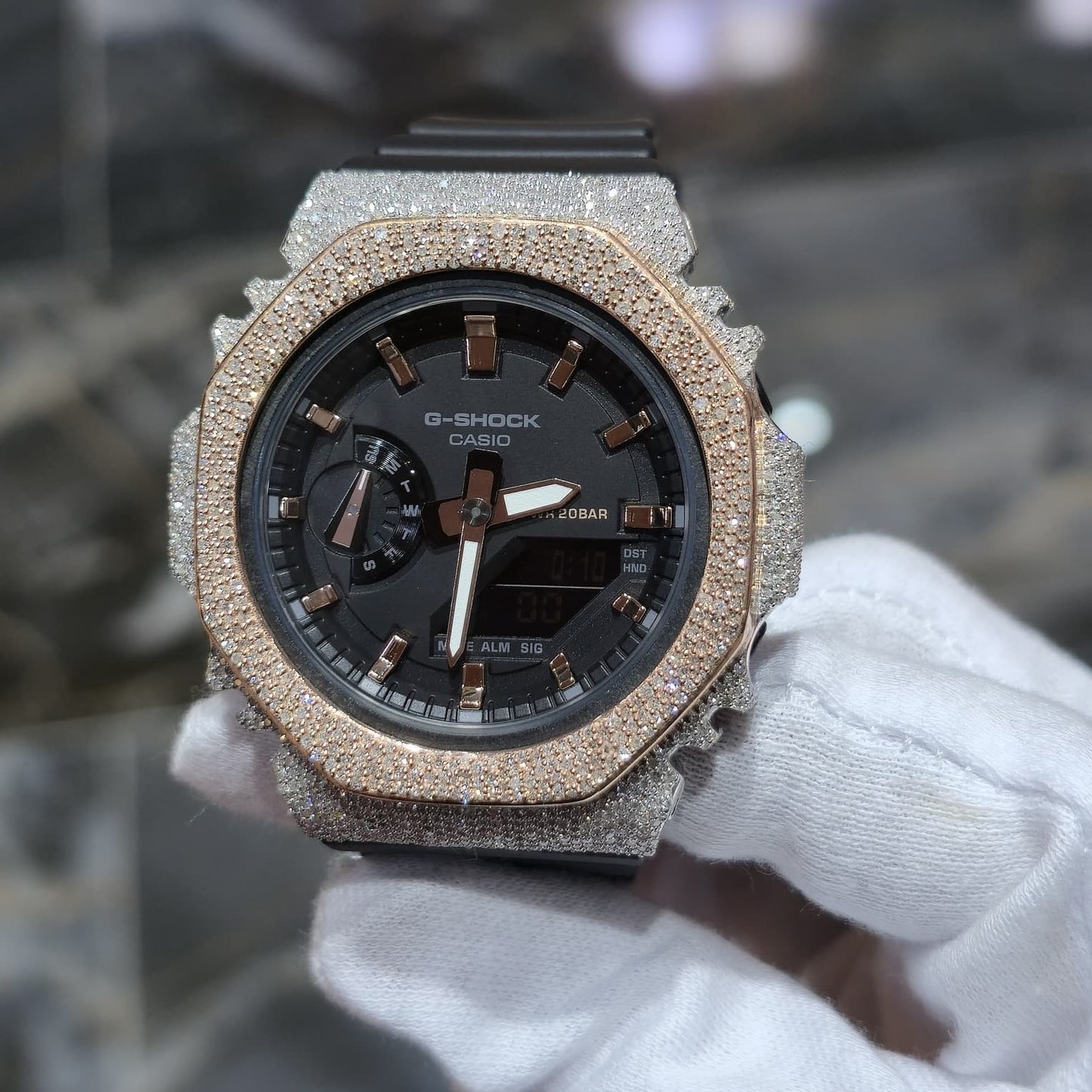 Casio G-Shock S2100  Iced Out Natural Diamond Watch 5CT | Black+ Rose MarkerDial