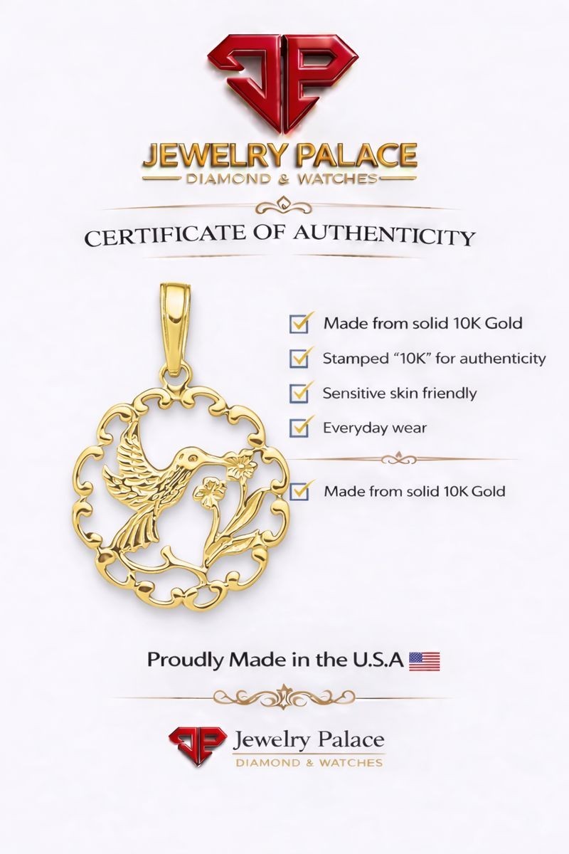 10k Yellow Gold Hummingbird w/ Flower in Frame Pendant