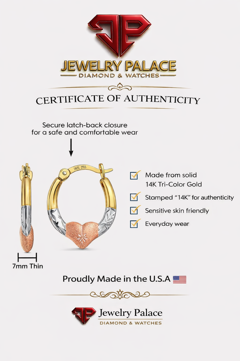 14K Tri-Color Gold Heart Diamond-Cut Round Small Hoops Earrings 13mm