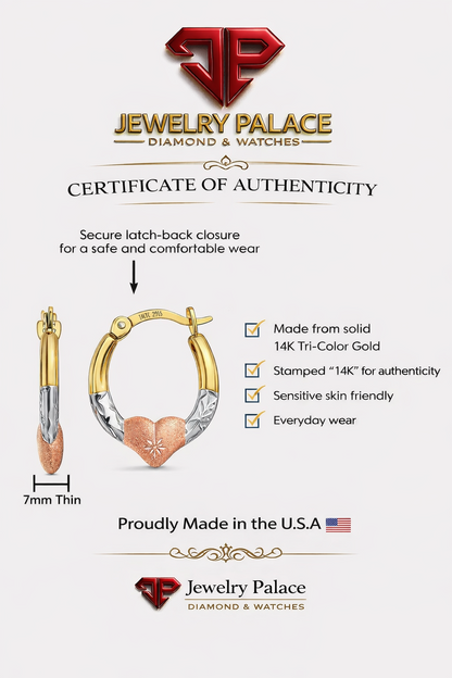 14K Tri-Color Gold Heart Diamond-Cut Round Small Hoops Earrings 13mm