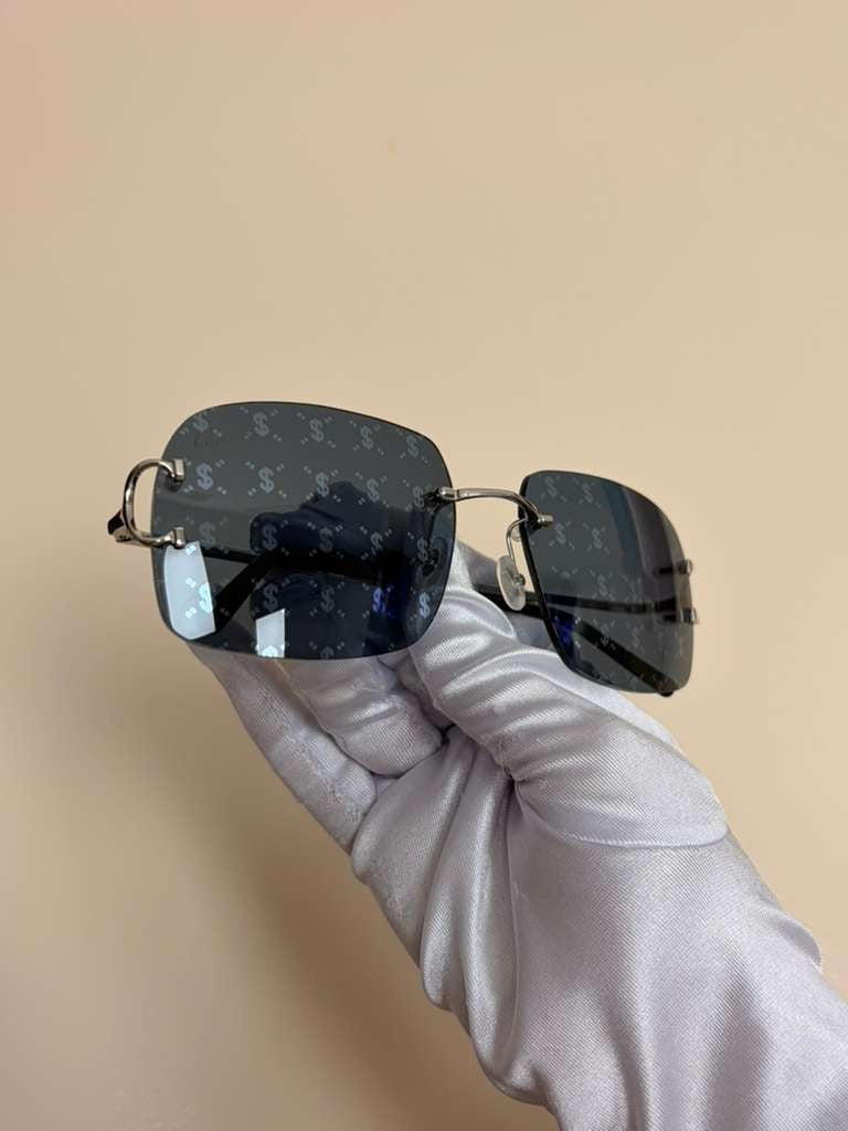 Cartier Big C Rimless Sunglasses Silver Frame Grey Lens Authentic w/ Box & Full