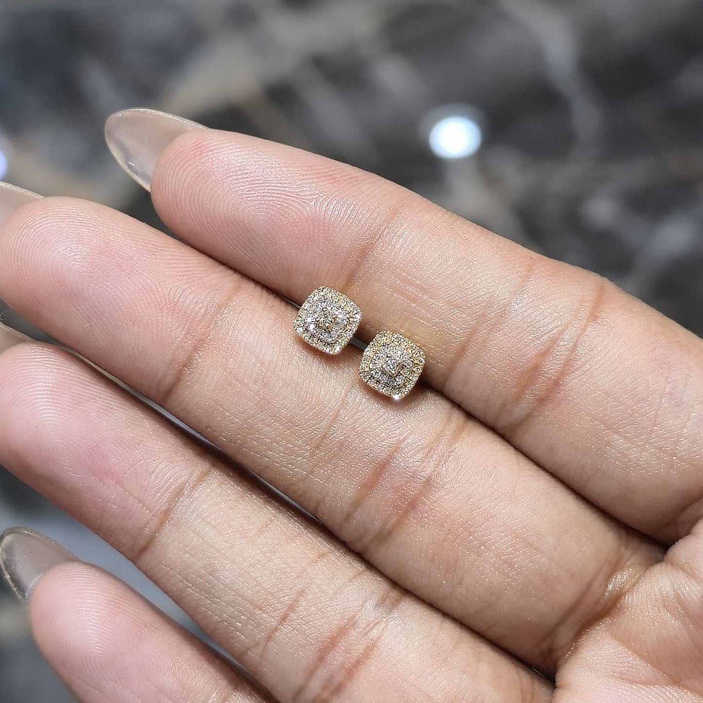 DEAL! 10K Gold Genuine Cluster Diamond Halo Square Studs Earrings 0.15ct 5 mm