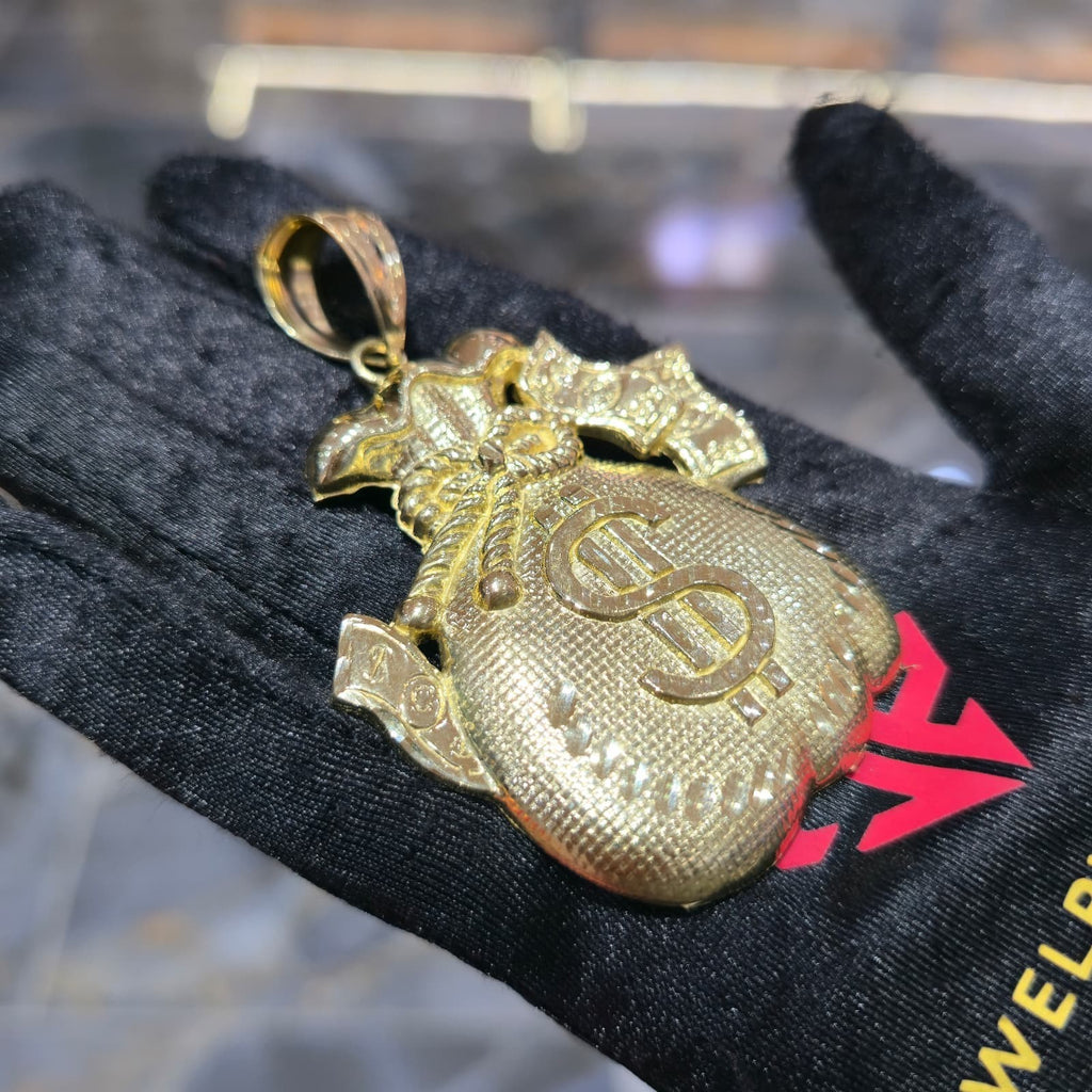 10K Yellow Gold Money Bag Pendant Charm Dollar Sign Diamond Cut Mens Hip Hop 3in