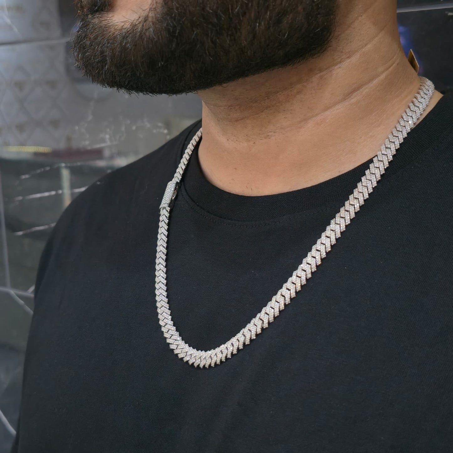 Mens Natural Diamond 8mmx22" 12.9ct Tight Miami Cuban link chain Real 925 Silver