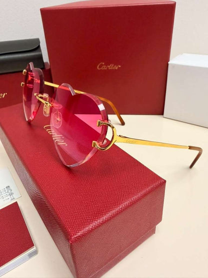 Cartier Big C Rimless Heart Sunglasses Pink Gradient Lens Gold Frame Full Set.