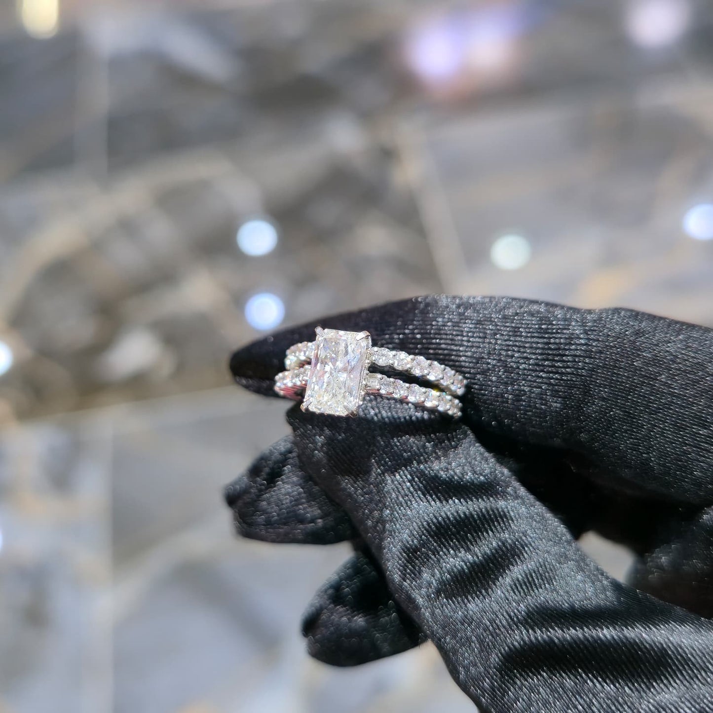 Silver Lab Grown Diamond Radiant Ring 1.50ct Center 3.00ctw Total
