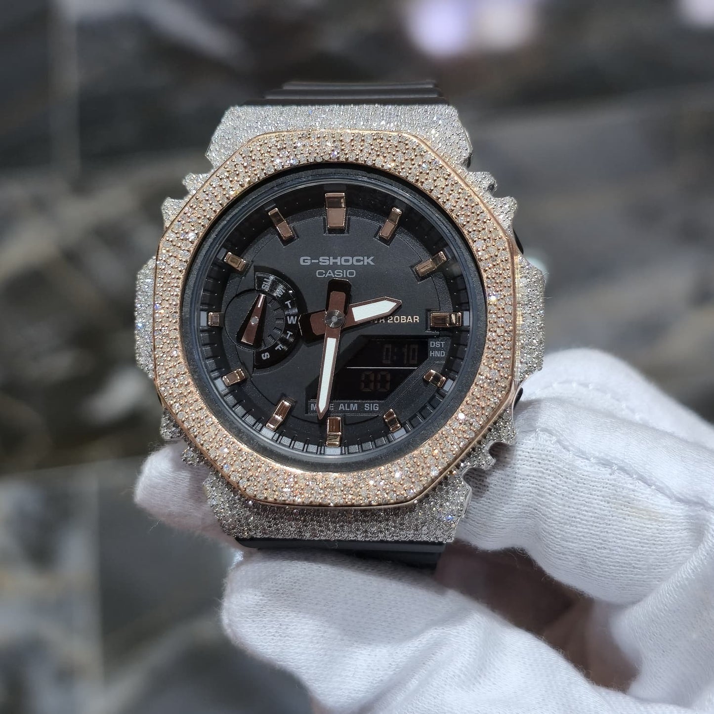 Casio G-Shock S2100  Iced Out Natural Diamond Watch 5CT | Black+ Rose MarkerDial