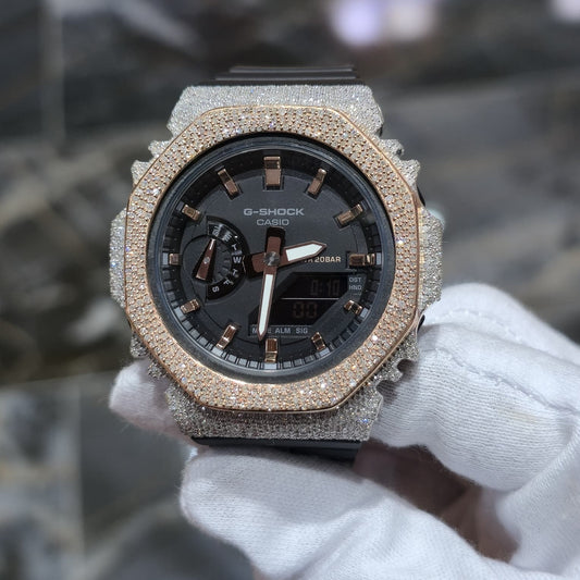 Casio G-Shock S2100  Iced Out Natural Diamond Watch 5CT | Black+ Rose MarkerDial