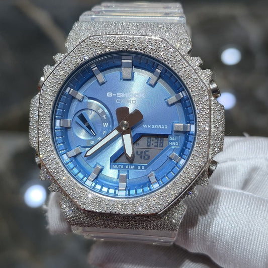 Casio G-Shock S2100  Iced Out Natural Diamond Watch 5CT | Blue Dial Clear Band