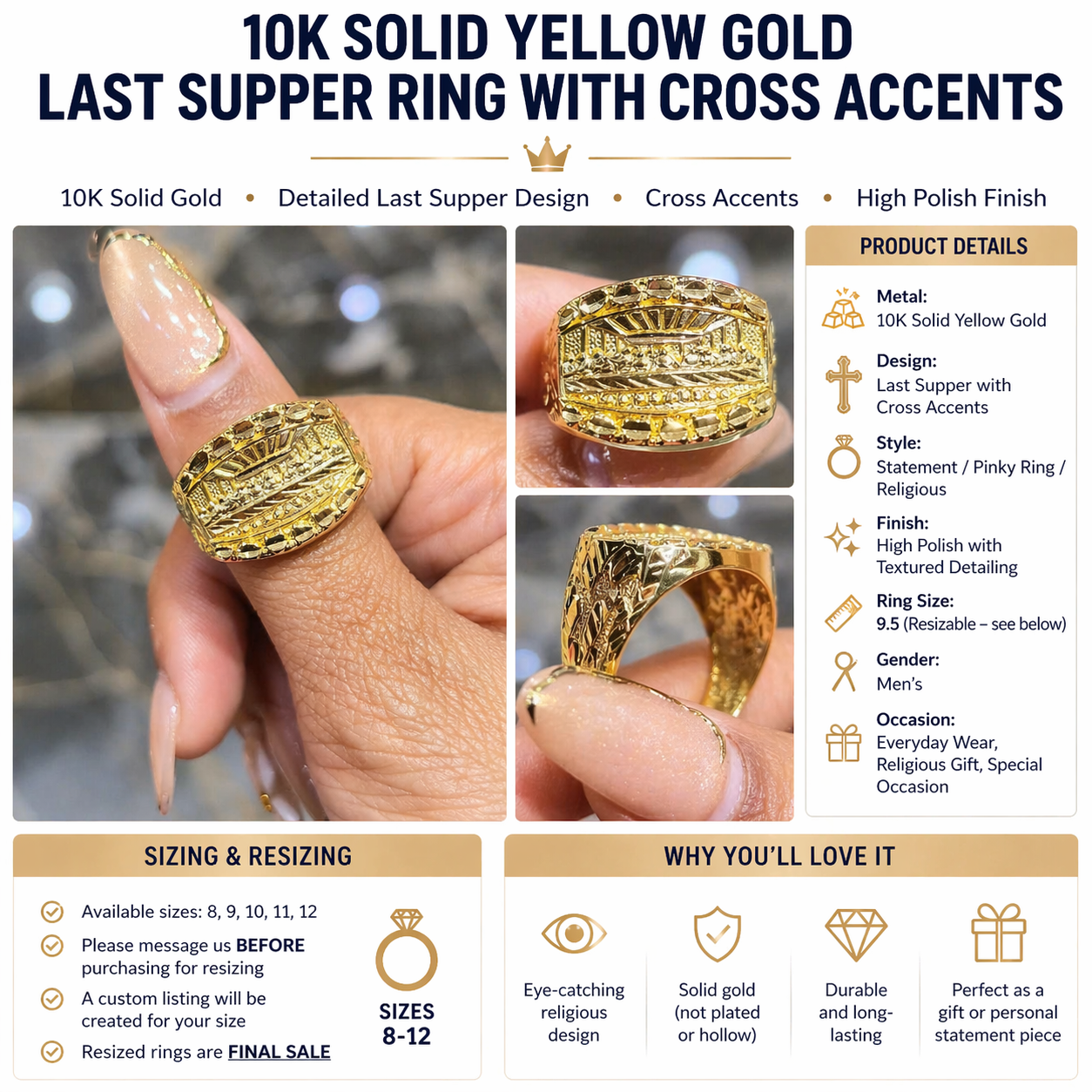 10K Solid Yellow Gold Last Supper Ring Cross Design Men’s Pinky Statement Ring