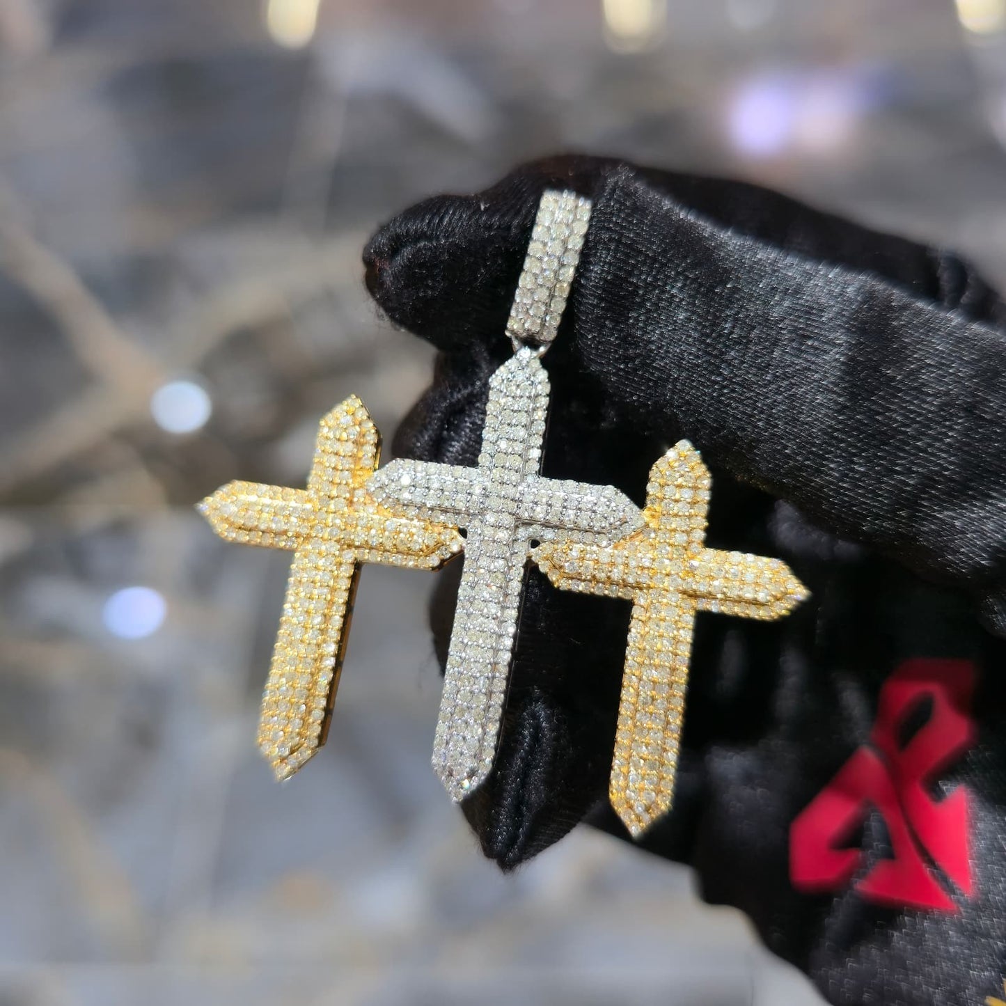 Real 10K Solid Yellow Gold Diamond Triple Cross Charm Pendant