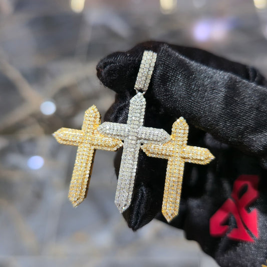 Real 10K Solid Yellow Gold Diamond Triple Cross Charm Pendant