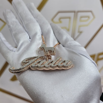 Custom Design Real Diamond Two Layer Cursive Nameplate Pendant Gold   2.5"