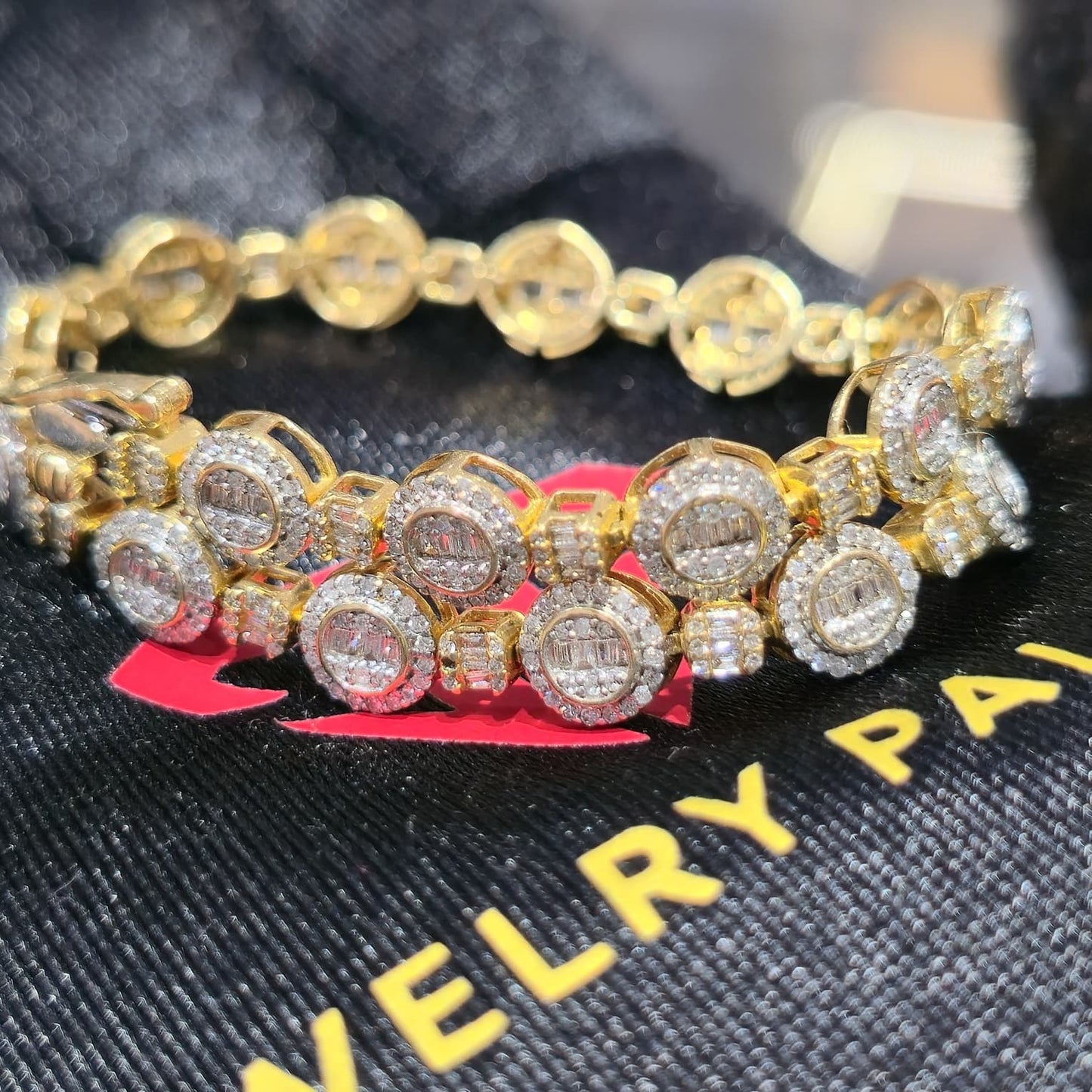 10K Yellow Gold Diamond Baguette Halo Link Bracelet 1.70ctw 7" 6mm Box Clasp