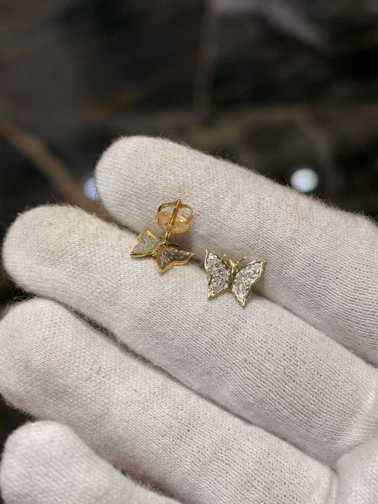 0.12CTW Natural Diamond 10K Gold Yellow White Butterfly Stud Earrings 9mm
