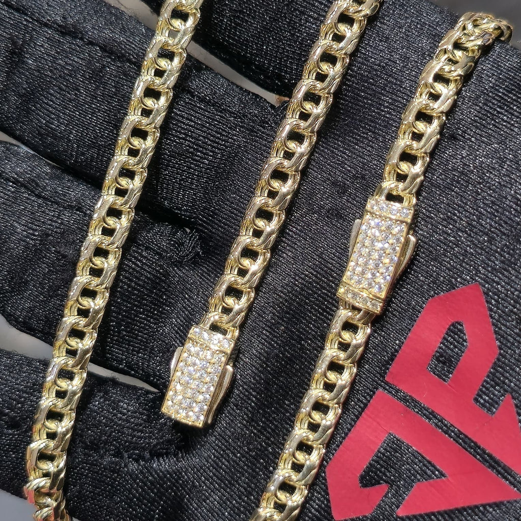10K Yellow Gold Chino Link Chain Necklace Bracelet Set Mens 20" 7" 5mm CZ Clasp