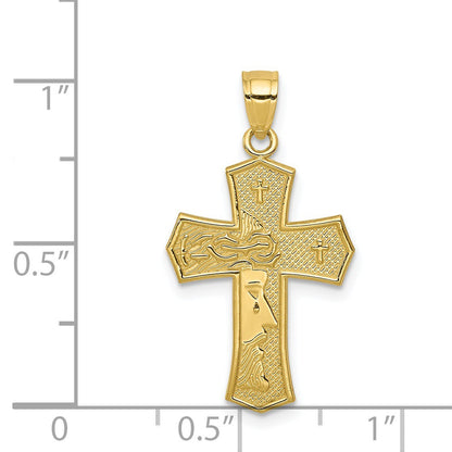 10k Yellow Gold Solid & Textured Reversible Passion Cross w/ Jesus Face Pendant