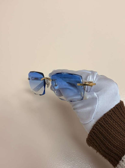 Cartier C Decor Rimless Sunglasses Customized Authentic Blue Lenses Full Set Box