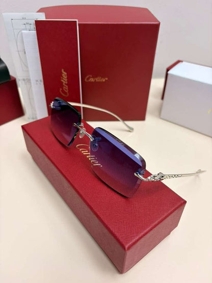 Cartier Panthere Decor Rimless Sunglasses Platinum Frame Blue Gradient Lens