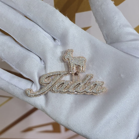 Custom Design Real Diamond Two Layer Cursive Nameplate Pendant Gold   2.5"