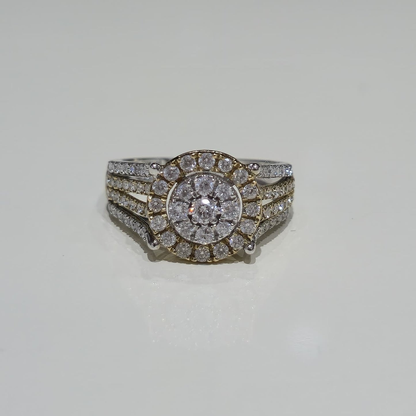 DEAL! 1.00CT Diamond Cluster Halo Ring 10K TwoTone Yellow White Gold Split Shank