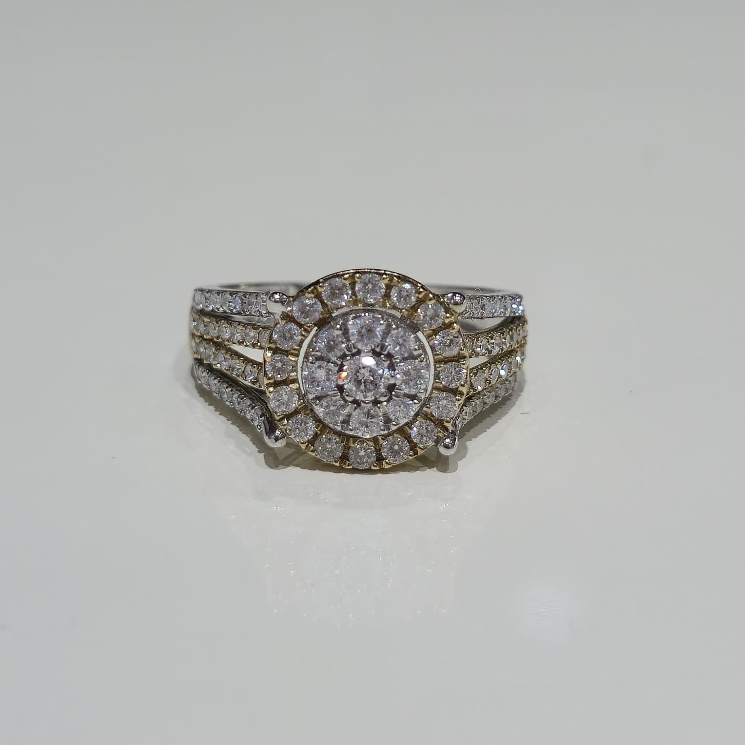 DEAL! 1.00CT Diamond Cluster Halo Ring 10K TwoTone Yellow White Gold Split Shank