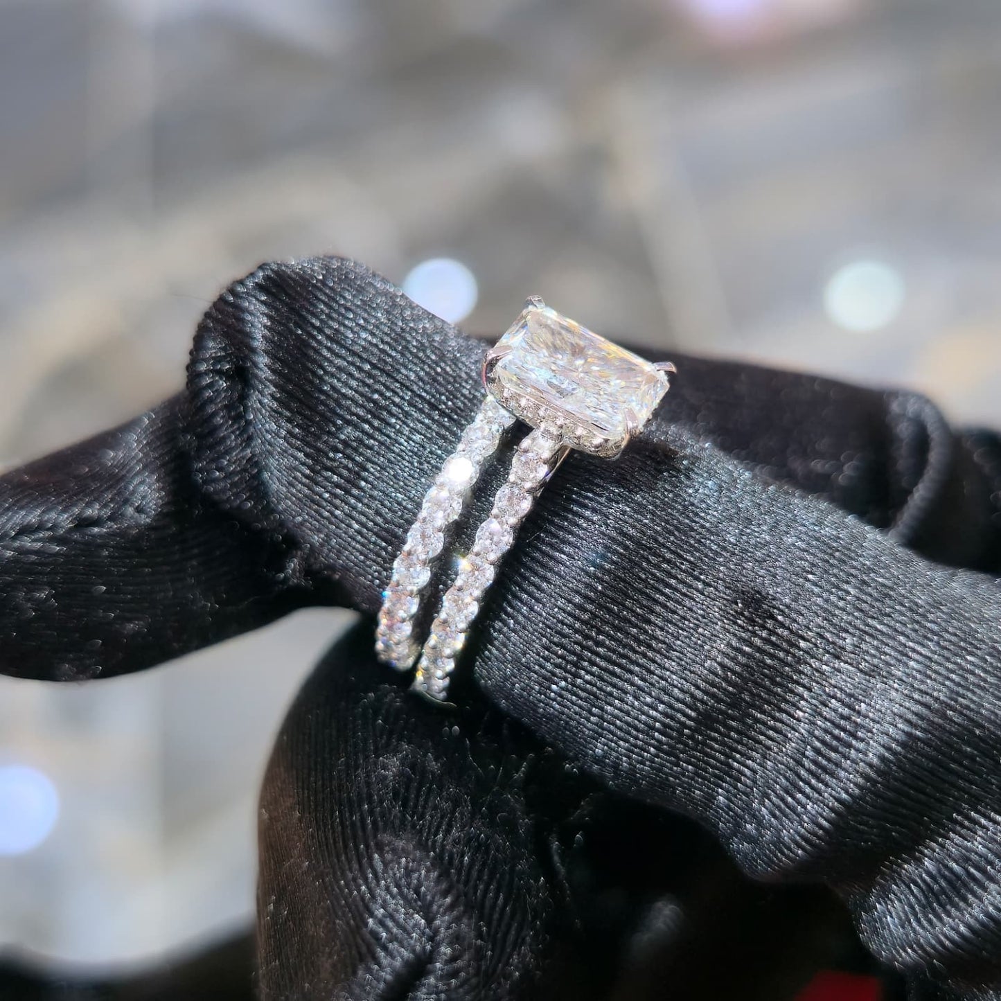 Silver Lab Grown Diamond Radiant Ring 1.50ct Center 3.00ctw Total