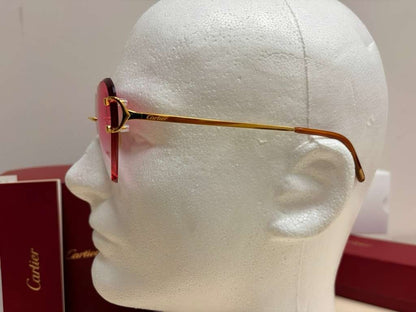 Cartier Big C Rimless Heart Sunglasses Pink Gradient Lens Gold Frame Full Set.