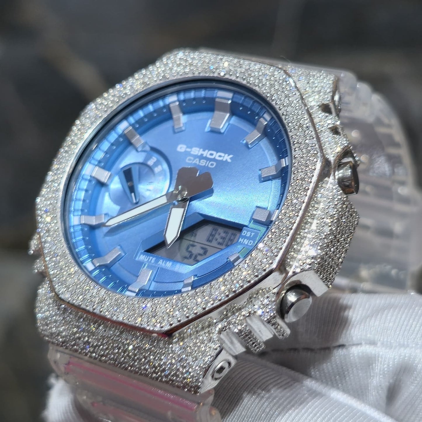 Casio G-Shock S2100  Iced Out Natural Diamond Watch 5CT | Blue Dial Clear Band