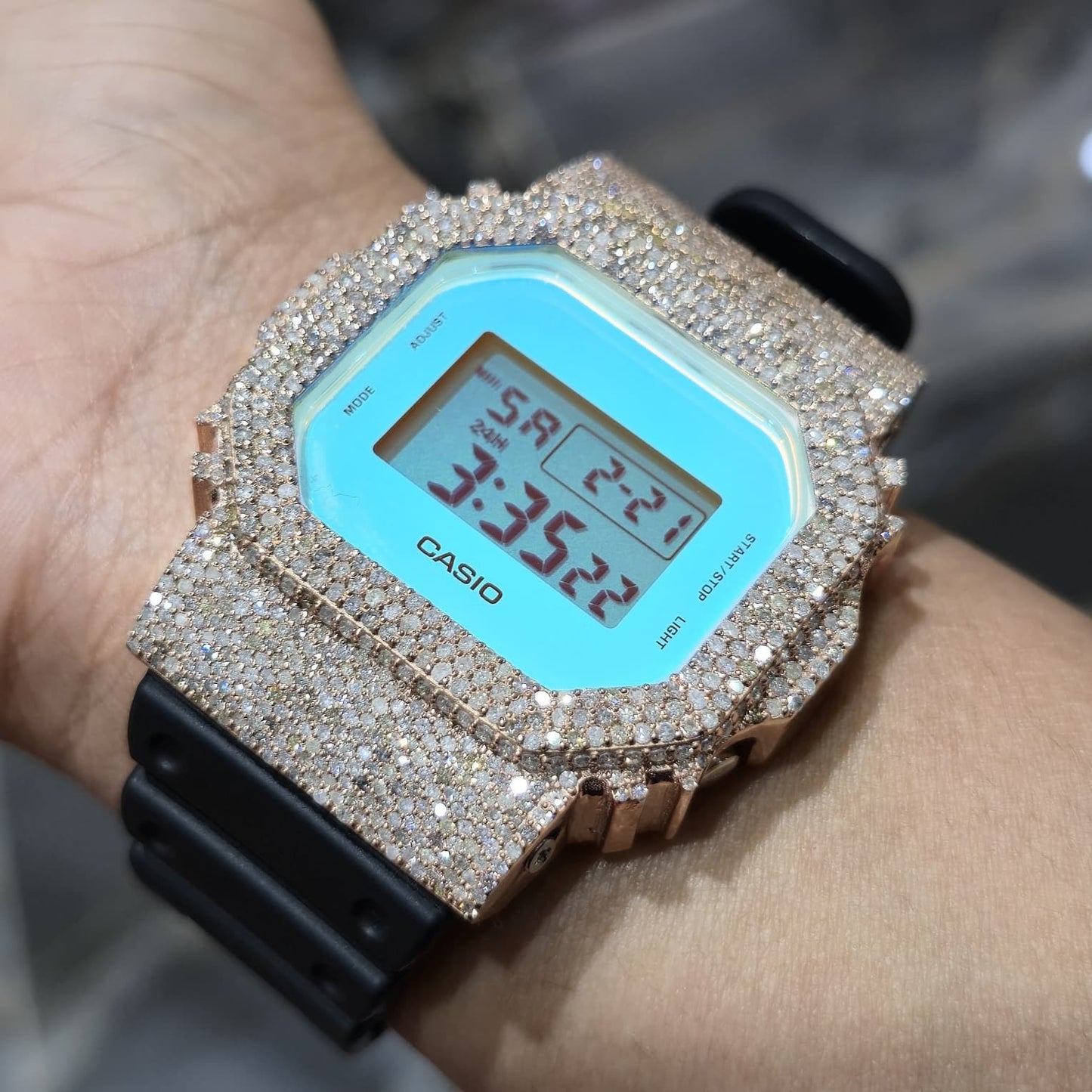 Blue Dial+ G-Shock DW-5600TL 5CT Natural Diamonds All Rose Bezel ICED OUT Watch