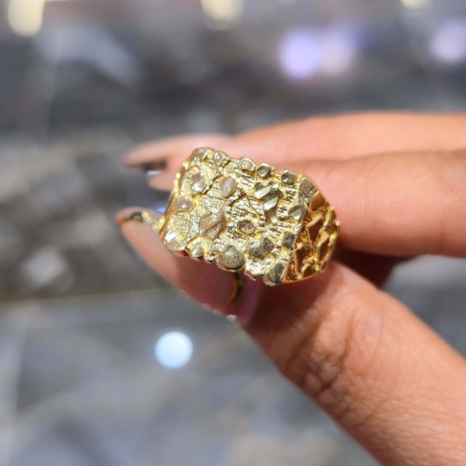 Mens Large Nugget Square Ring Real Solid 10K Yellow Gold ALL SIZES