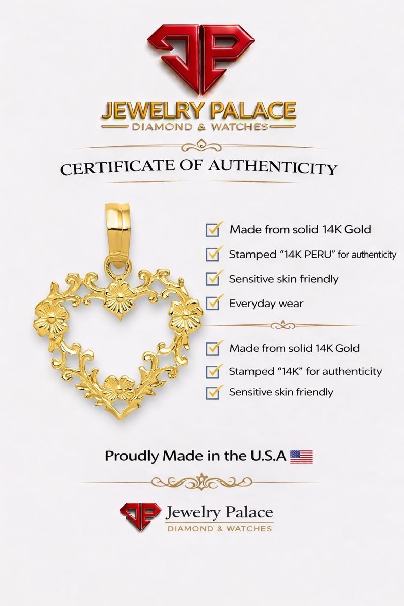 14K Yellow Gold Polished Floral Border Heart Pendant approx 1/2"