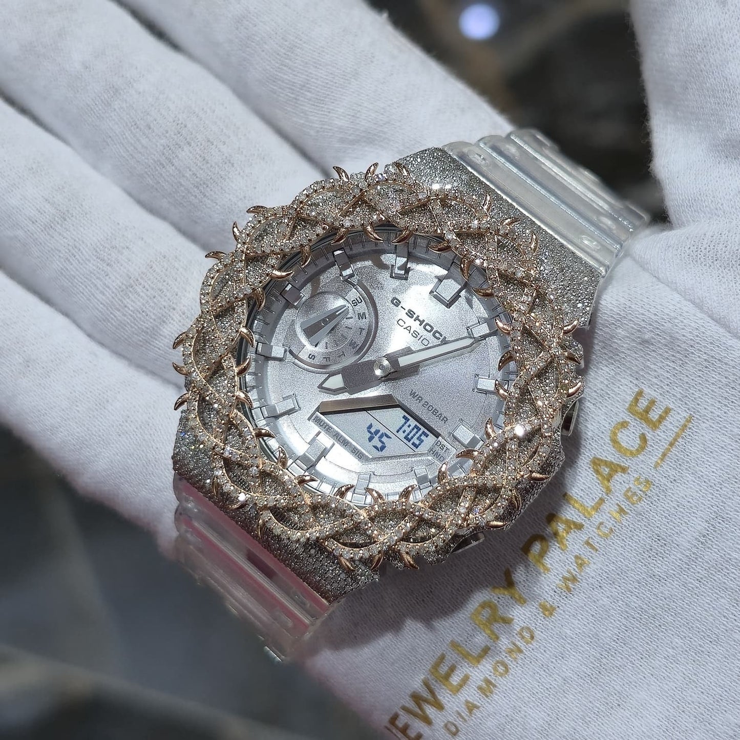 Authentic Casio G-Shock S2100  Iced Out Natural Diamond Watch 5CT | Silver Dial