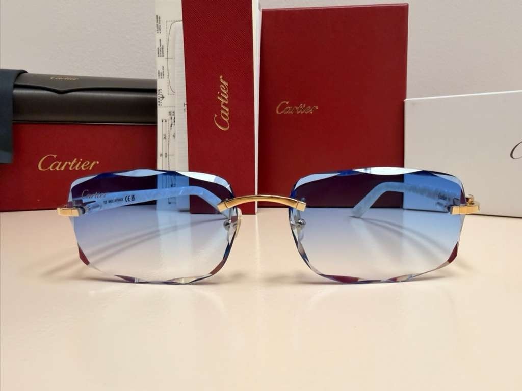 Cartier C Decor Rimless Sunglasses Customized Authentic Blue Lenses Full Set Box