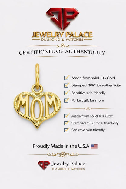 10K Yellow Gold MOM Heart Pendant Charm Small 0.5" Polished Gift