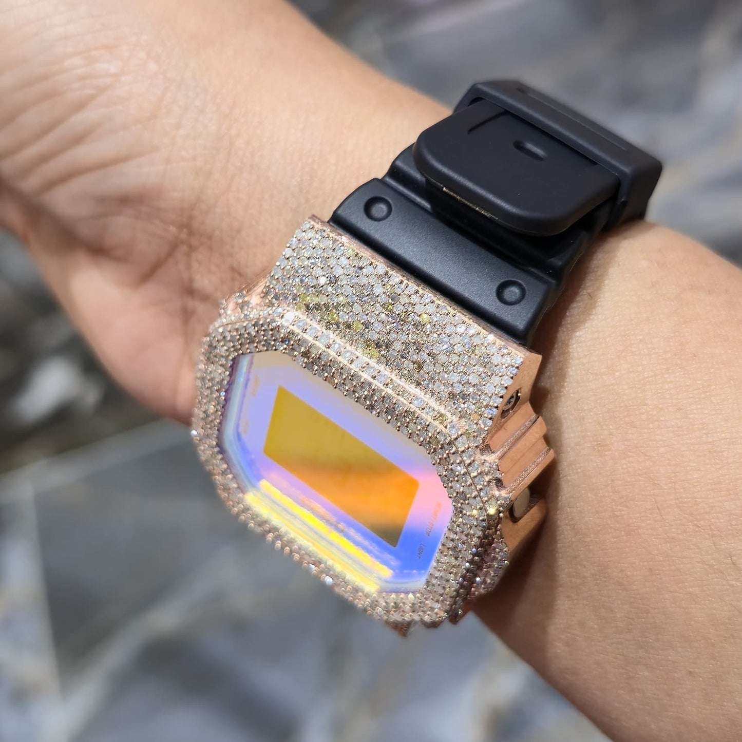 Blue Dial+ G-Shock DW-5600TL 5CT Natural Diamonds All Rose Bezel ICED OUT Watch