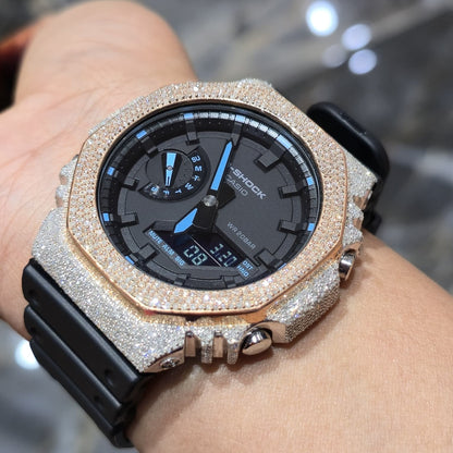 Casio G-Shock S2100  Iced Out Natural Diamond Watch 5CT | Black+ Blue MarkerDial