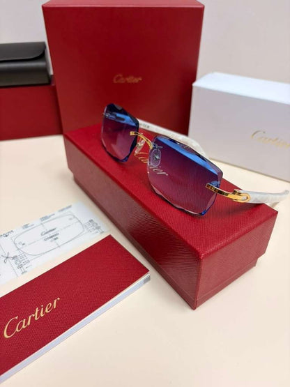 Cartier C Decor Rimless Sunglasses Customized Authentic Blue Lenses Full Set Box