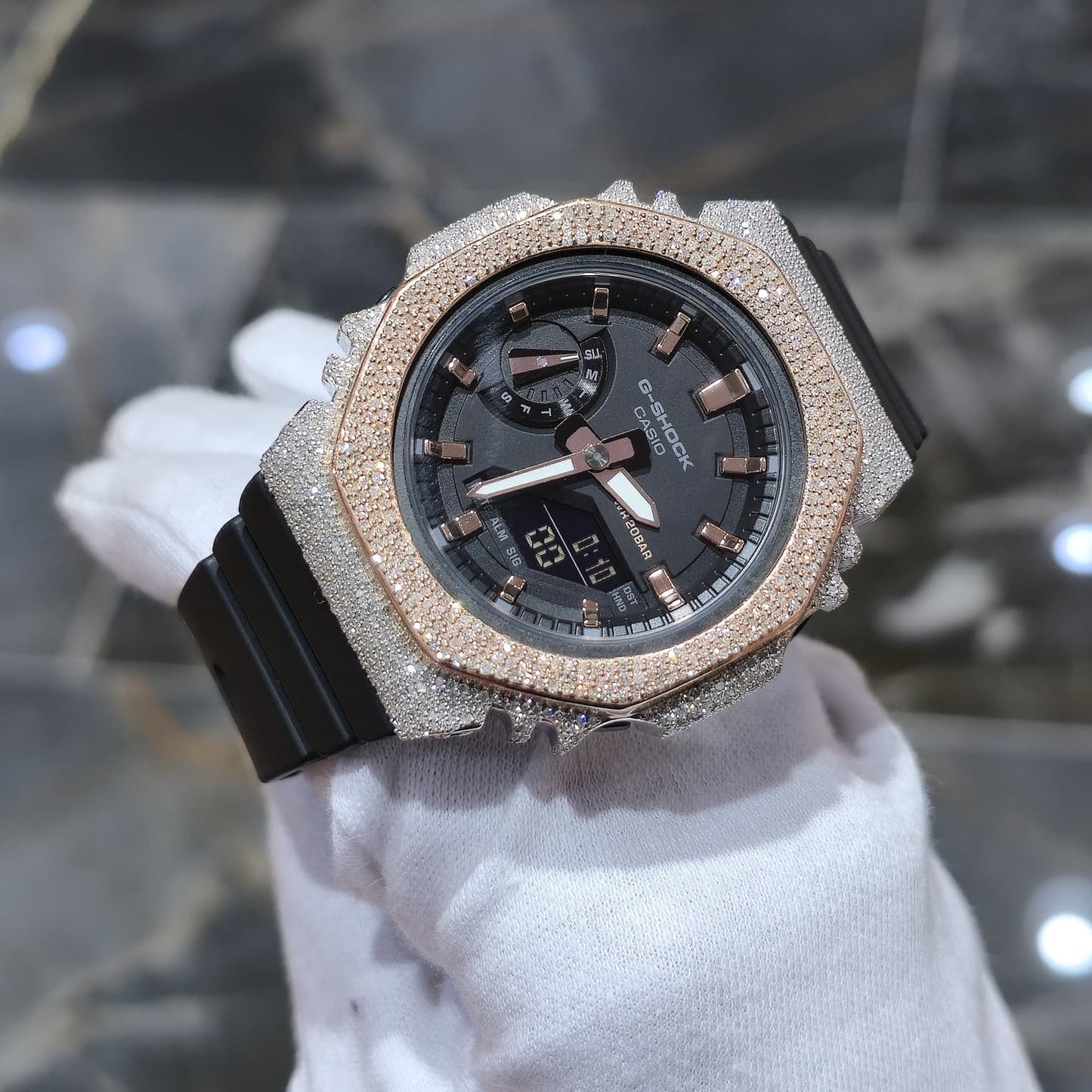 Casio G-Shock S2100  Iced Out Natural Diamond Watch 5CT | Black+ Rose MarkerDial