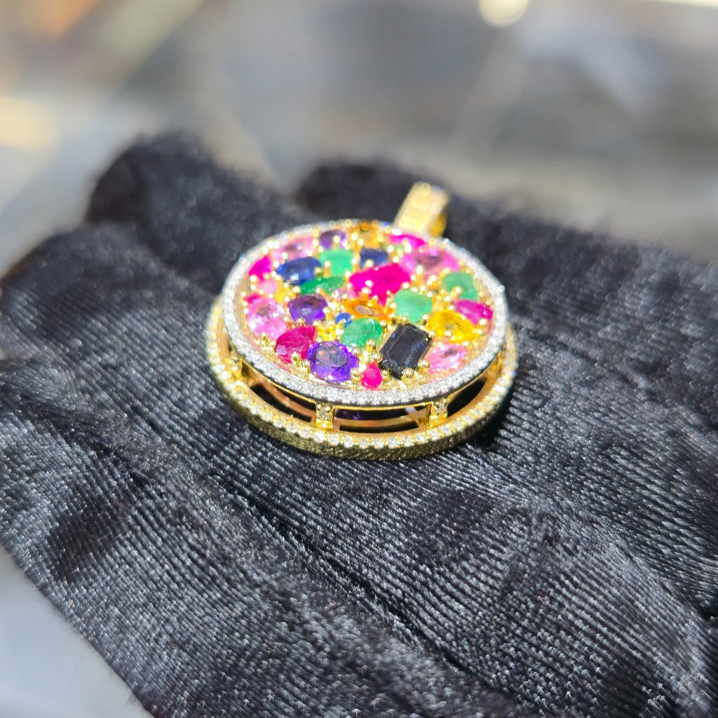 10K Yellow Gold Diamond Multi Gemstone Circle Pendant 4.35 ctw Ruby Emerald Men